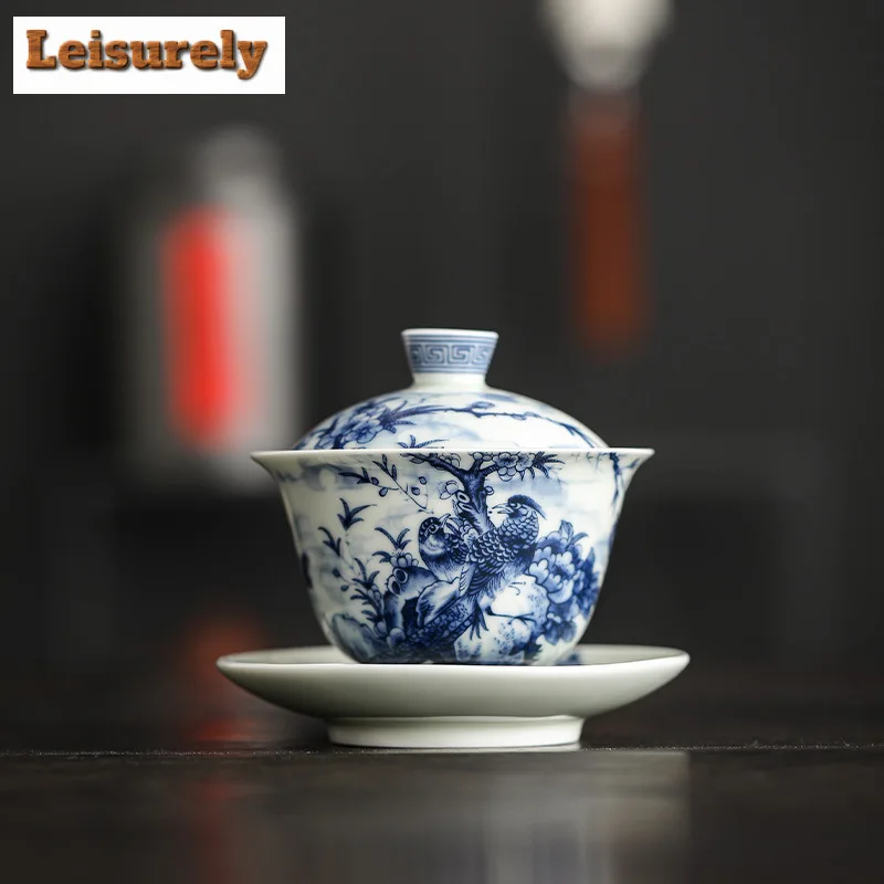 150ML Antique Blue And White Porcelain Gaiwan Retro Ink Flower And Bird Tea Tureen Tea Making Cover Bowl Tea Services Craft Gift