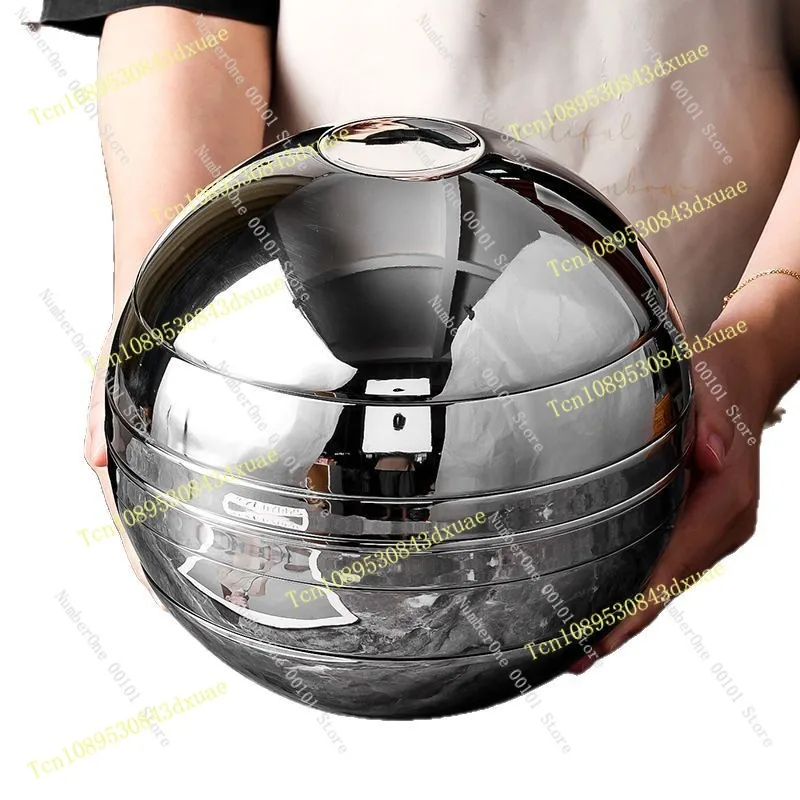 Stainless Steel Spherical Set Bowl Plate Seven-Piece Set Art Sphere Ornament Glossy Double-Layer Heat-Resistant Bowl Plate