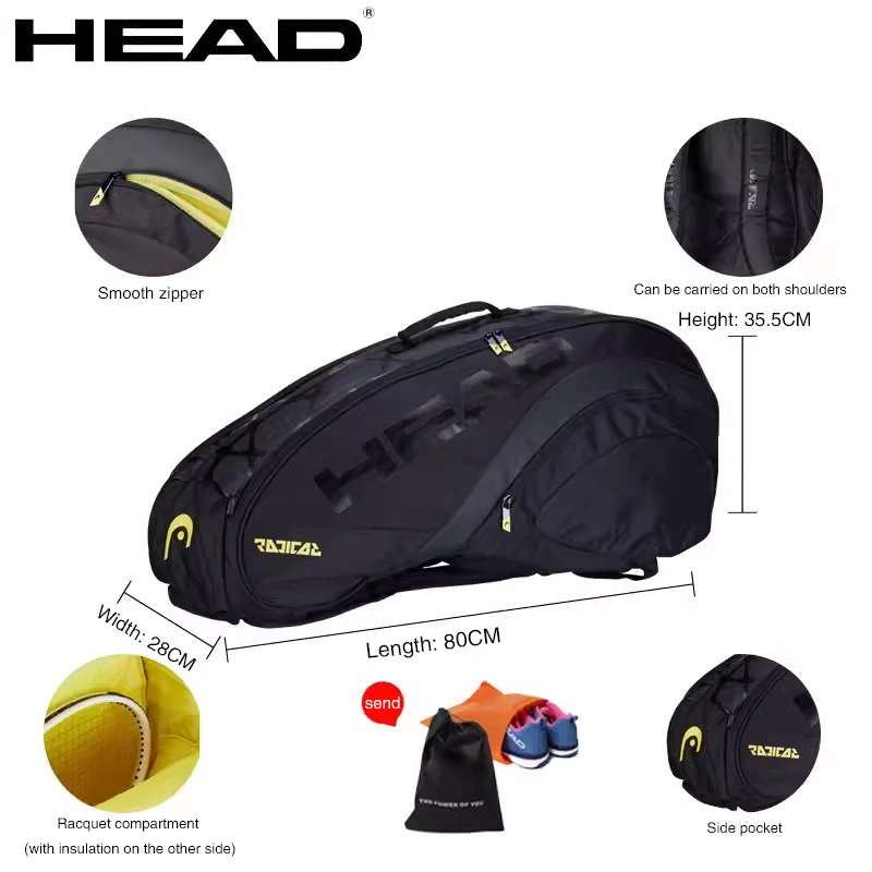 Original HEAD Tennis Bag Padel Racket Backpack 6 to 9 Tenis Raqueta Large Tennis Backpack Portable Training Bag Male Black White