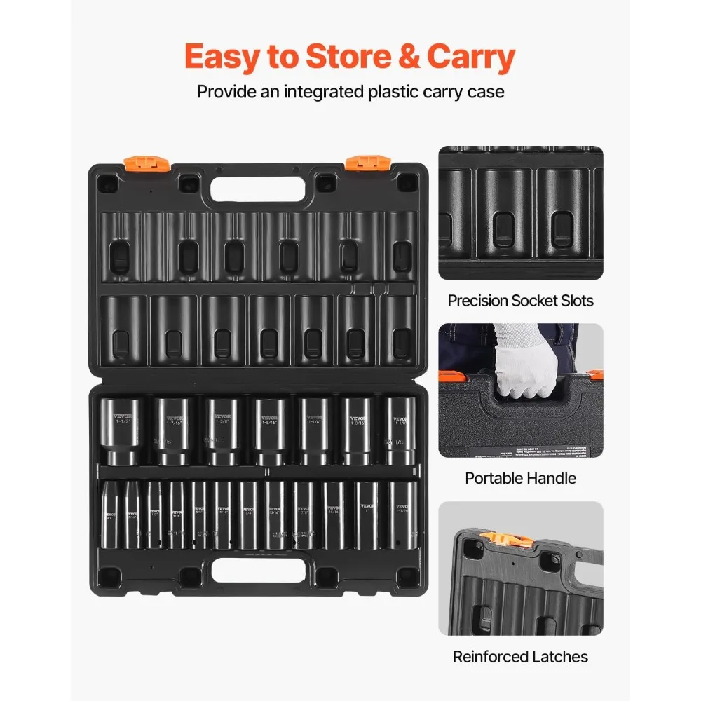 مجموعة مقابس تأثير فولاذية Cr-V بعمق 19 قطعة 1/2 بوصة مع هيكل متين #6