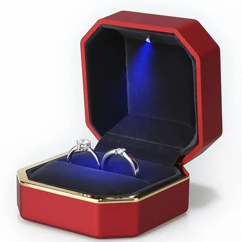 

1PCS Luxury Ring Box Square Velvet Wedding Ring Case Jewelry Gift Box with LED Light for Proposal Engagement Wedding