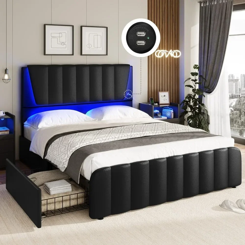 

LED Full Size Bed Frame with Headboard, 4 Storage Drawers, USB Ports, Wooden Slats Support, No Box Spring Needed, Full Bed Frame