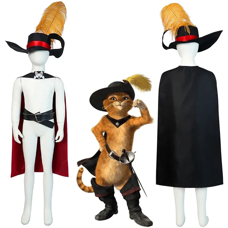 Gato de Botas Cosplay para Crianças, Chapéu, Manto, Cinto, Anim Cartoon, Halloween, Festa de Carnaval, Fantasias para meninos e meninas