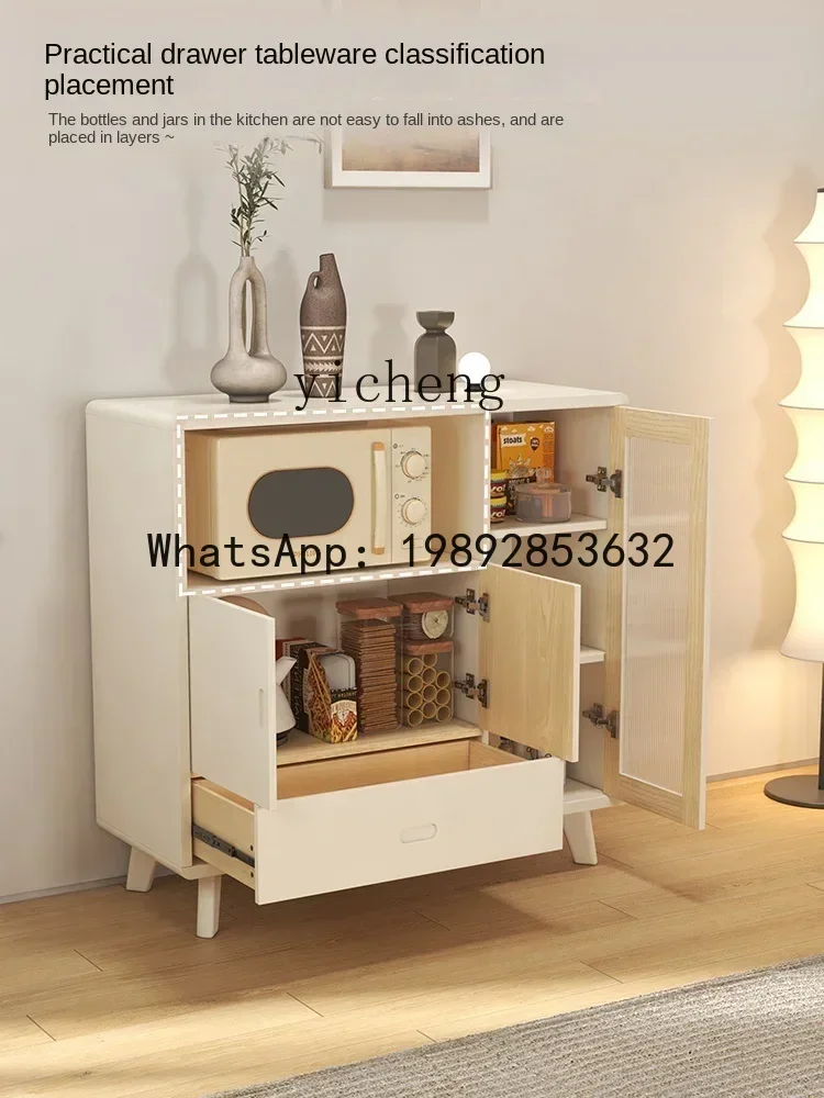 b2 Cream Style White Simple Kitchen Storage Wood Foot Sideboard Cabinet Storage Tea Cabinet Microwave Oven Liquor Cabinet