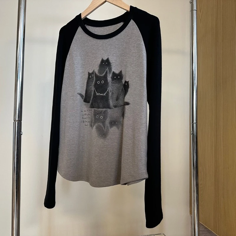 Women's Long Sleeve T Shirt Top Loose Fit Belly Hiding Straight Shoulder Versatile Autumn Winter Thickened Derong Top