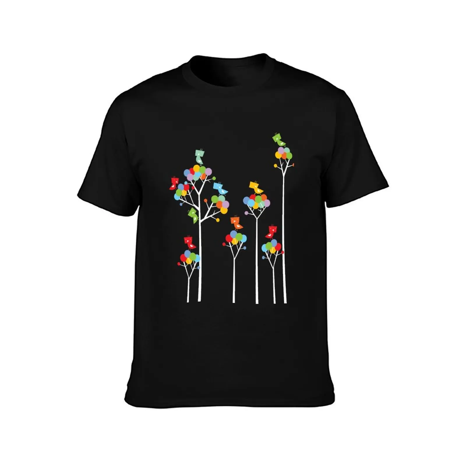 Colorful Whimsical Tweet Birds On White Branches Of Dotted Trees ? fatfatin T-Shirt quick drying mens shirts graphic tee