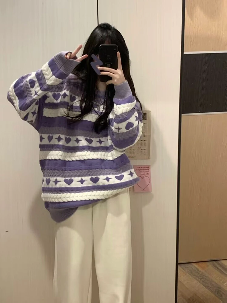 

Purple Striped Sweater Winter Vintage Round Neck Long Sleeve Knitshirts Leisure Loose Design Sense Women Pullover Tops