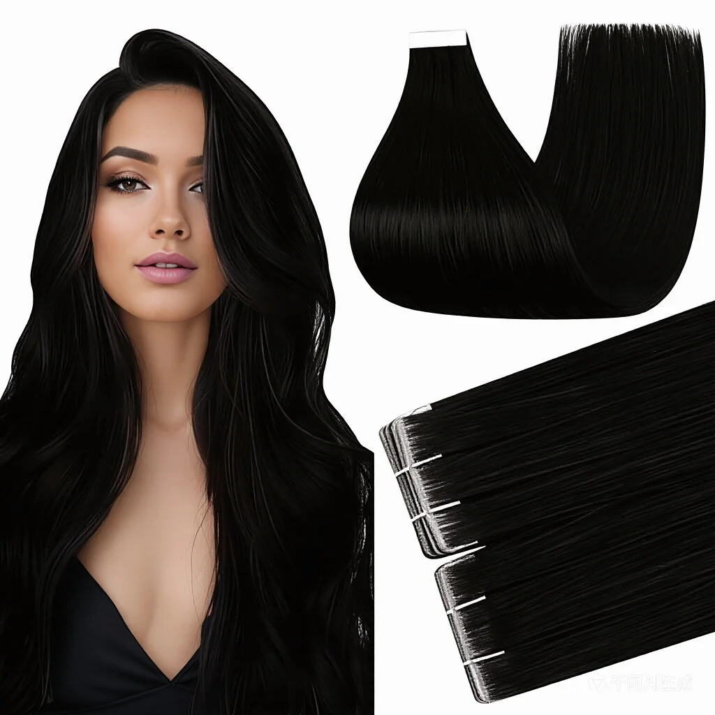 

Tape In Hair Extensions Human Hair Black - Long Straight Real Virgin Hair For Women, Seamless Skin Weft Hairpiece, 20Pcs 40g Nat