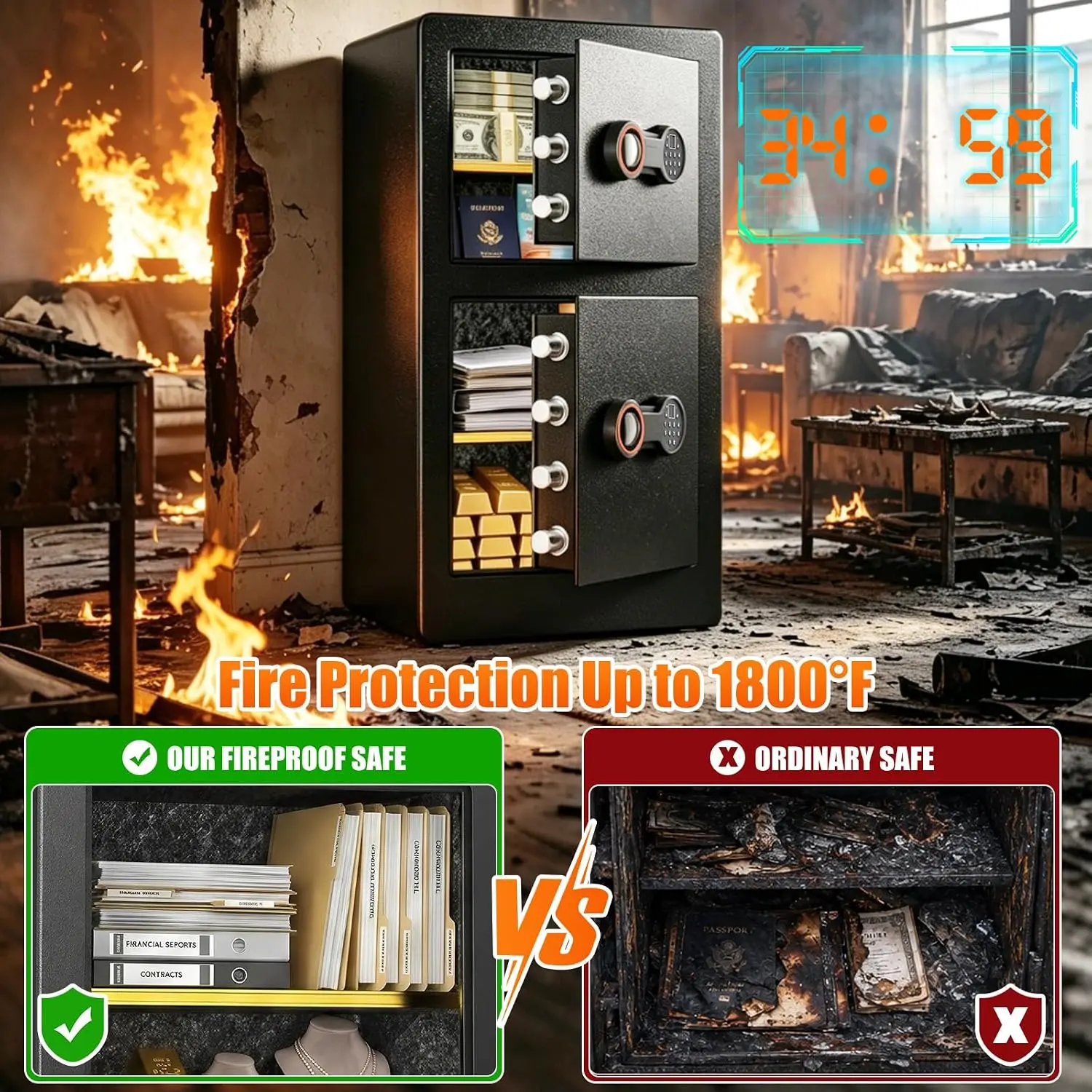 8.0 Cuft Large Biometric Fireproof Safe Box with Fingerprint Lock | 1800°F 35-Min Fire Protection, Dual Door Design Security Saf