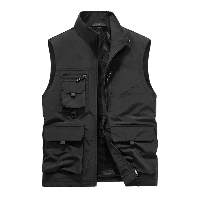 Men's Large Size Quick-Drying Vest Sleeveless Stand-Up Collar Multi-Pocket Workwear Waistcoat for Spring And Autumn