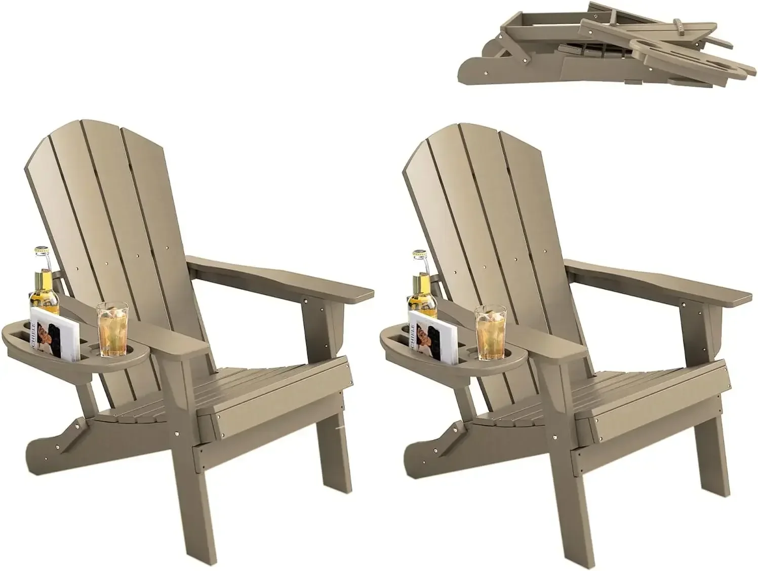 Folding Adirondack Chair Set of 2, HDPE Adirondack Chairs with Cup Holder, Weather Resistant Plastic Fire Pit Chairs for Outdoor