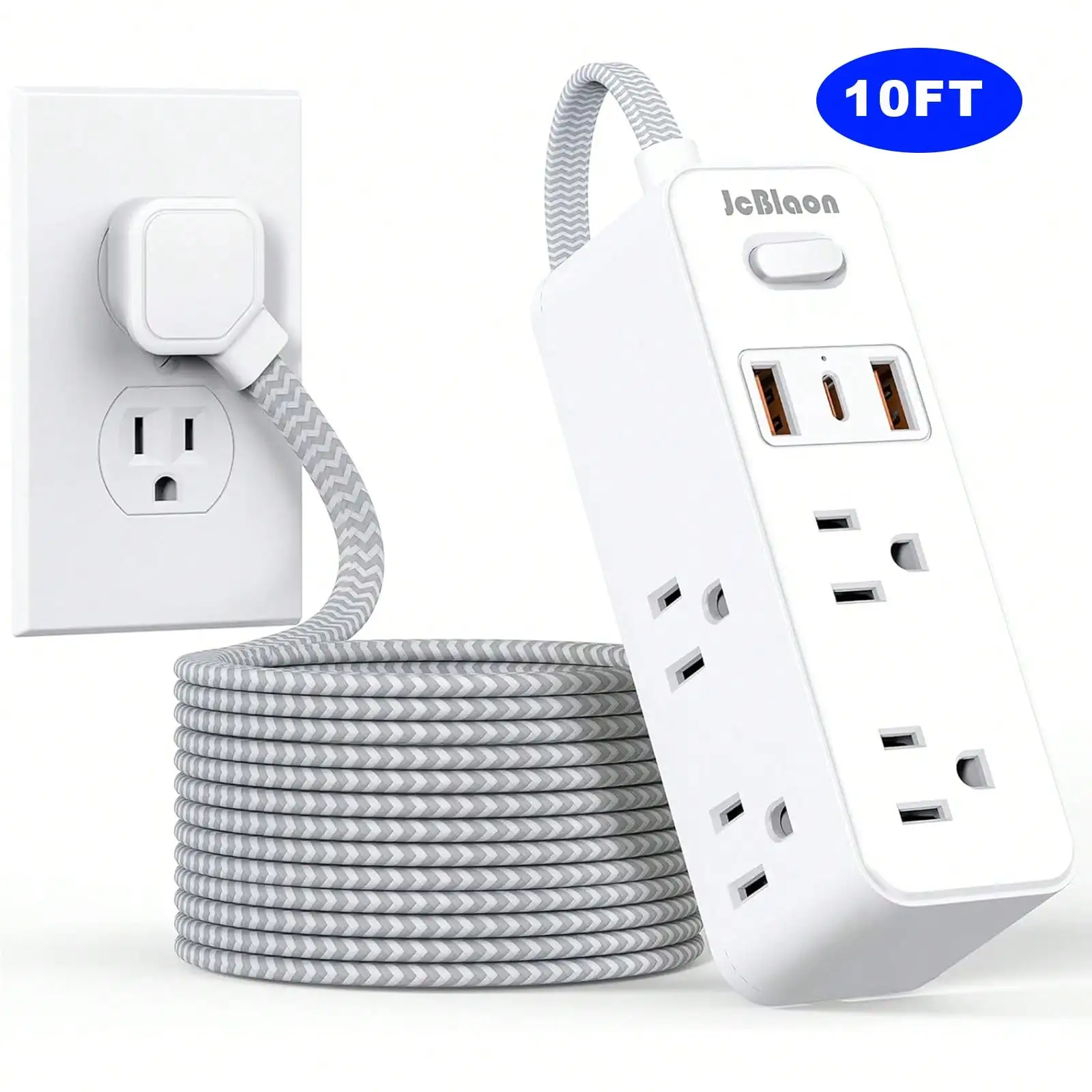 Flat Braided Extension Cord 10ft, 6 Outlets 3 USB Ports(1 USB C), 3-Side Outlet Extender Surge Protector For Home Office Travel Dorm Room Essentials