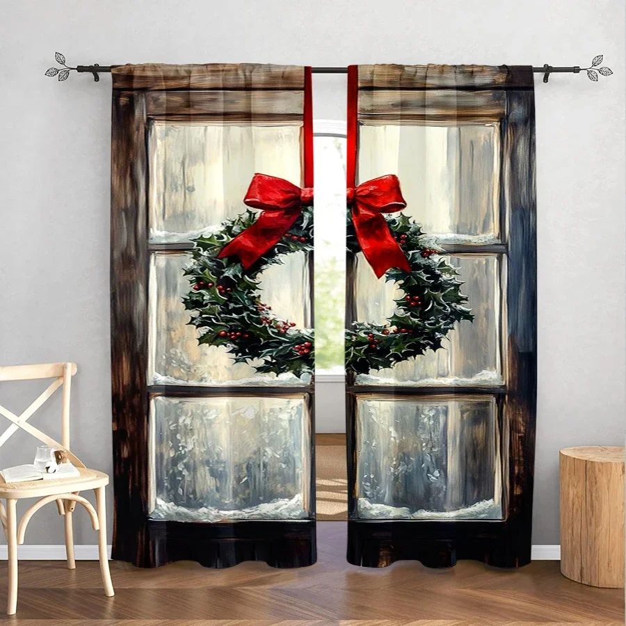2PCS Christmas Wreath Window Curtains, Wooden Frame Red Bow Snowy Scene, Rustic Farmhouse Holiday Window Drapes for Bedroom