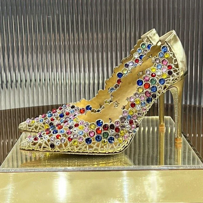 Pumps Bling Rhinestone Pointed Toe Thin High Heels Women Hallow Outs Crystal Single Shoes Summer Sexy Party Banquet Stiletto