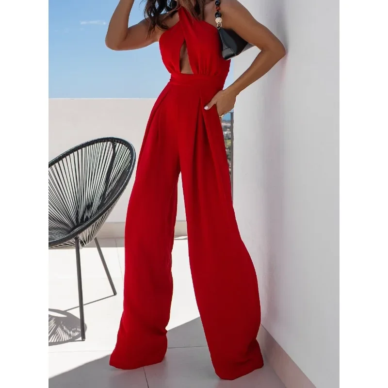 

S-XXL Women's Fashion Hanging Neck Solid Color Long Jumpsuit Ladies Sexy Hollow Fold Casual Comfortable Halter Jumpsuit