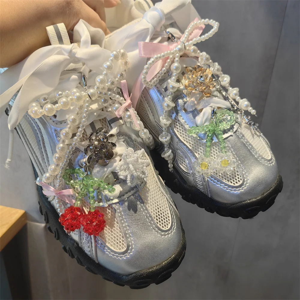 DIY Imitation Pearl Bow Shoe Decoration Crystal Cherry Flower Beads Shoe Clip Charm Lightweight for Girls Sneakers Loafers Party