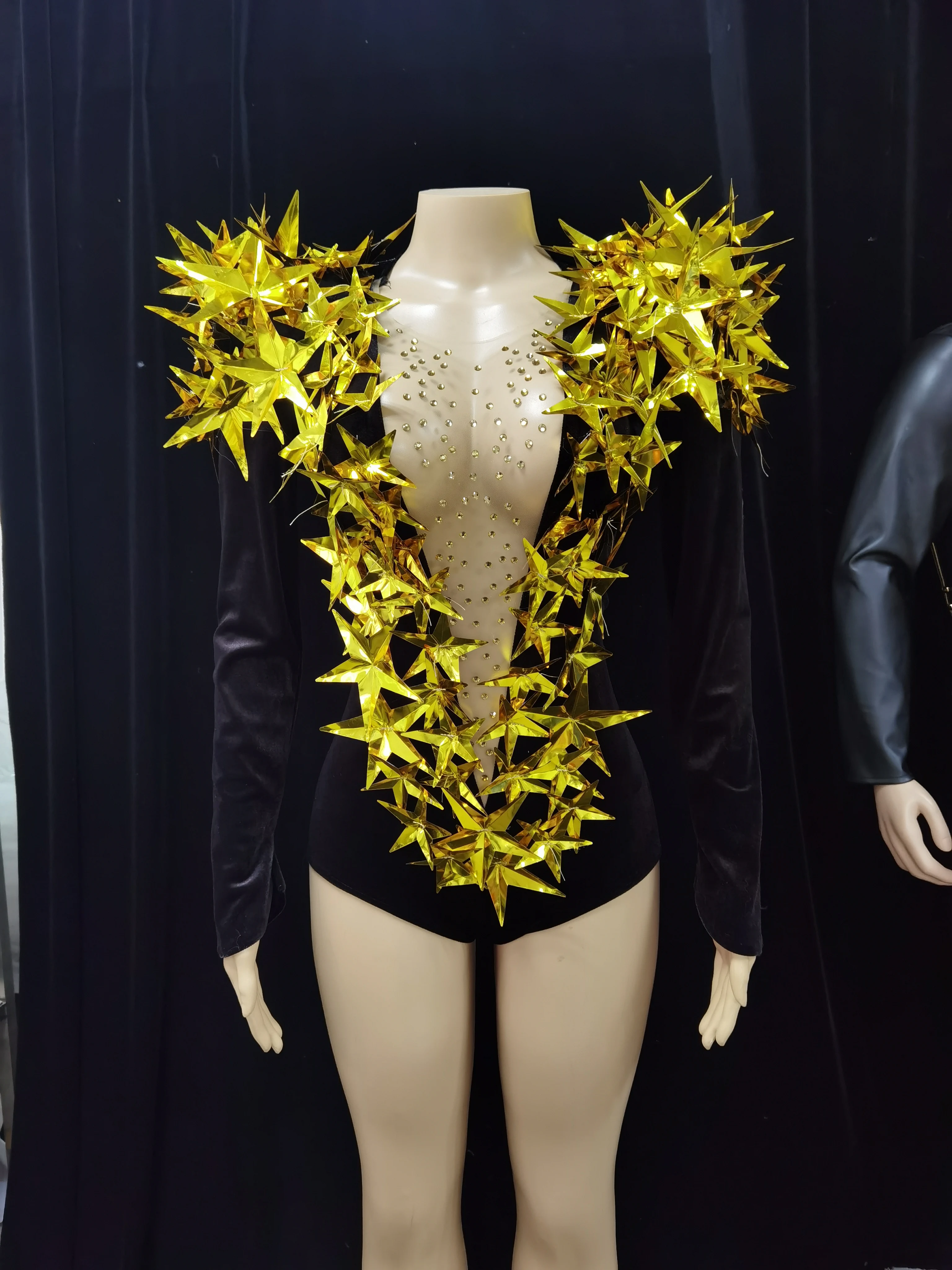 

Sexy black gold star sequin velvet high-slit jumpsuit bargogo costume dance costume Y008