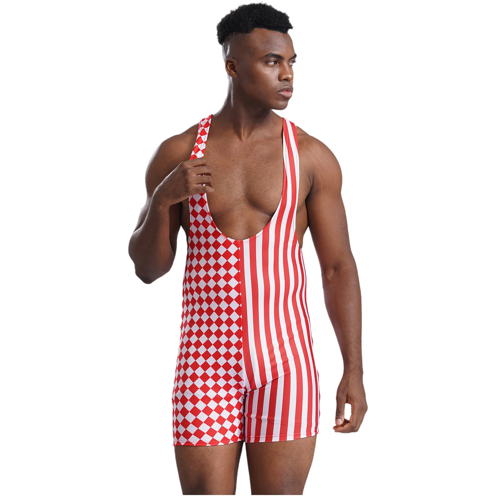 Mens Santa Christmas Cosplay Costume Plaid Striped Wrestling Singlet Bodybuilding Bodysuit Deep U-neck Sleeveless Short Jumpsuit