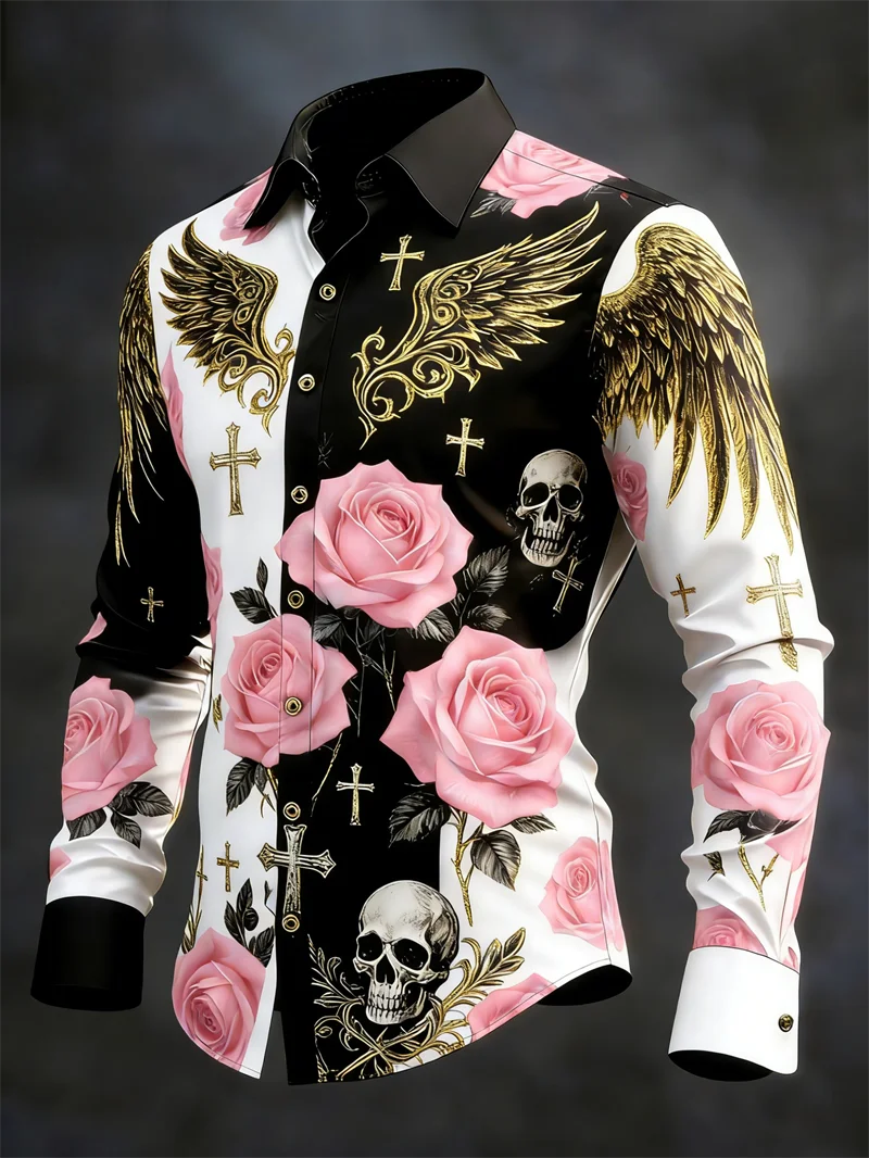 New 11 color men's long sleeved lapel shirt with fashionable 3D flower print cross pattern long sleeved shirt