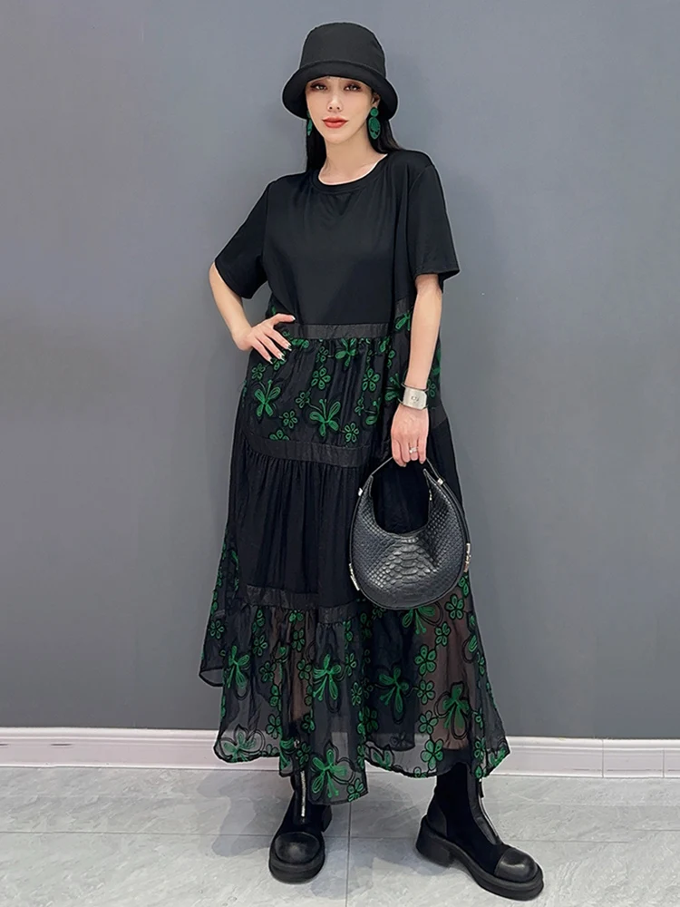 XITAO Lace Embroidery Female Patchwork Dress Fashion Contrast Color Casual Shirt T-shirt Dress 2024 Summer New Women ZY8747