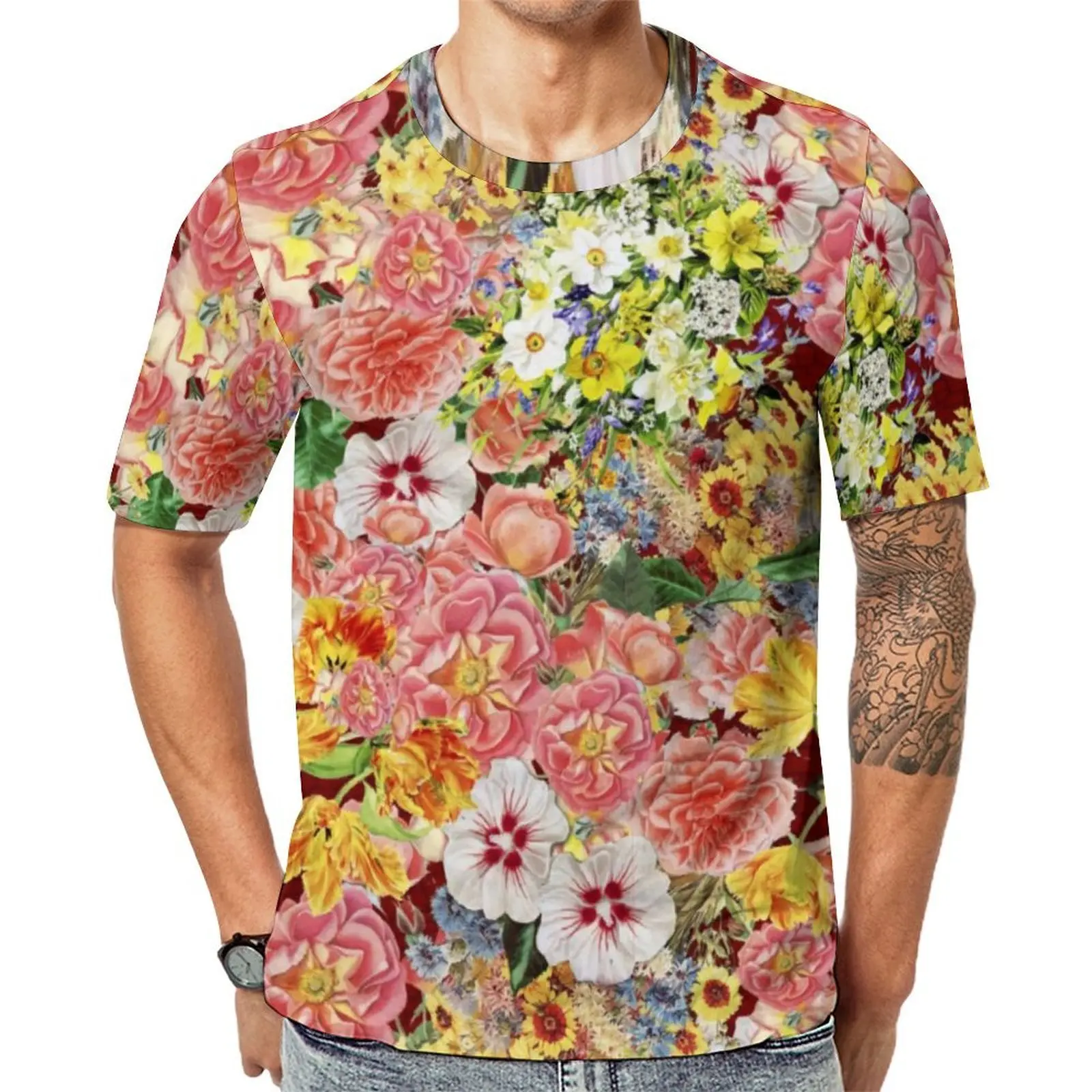 Camiseta Floral Sevilla para Hombre, Estampado de Flores Botánicas, Cuello Redondo, Camisetas de Verano Estilo Harajuku, Ropa Casual de Manga Corta, Camisetas Oversize