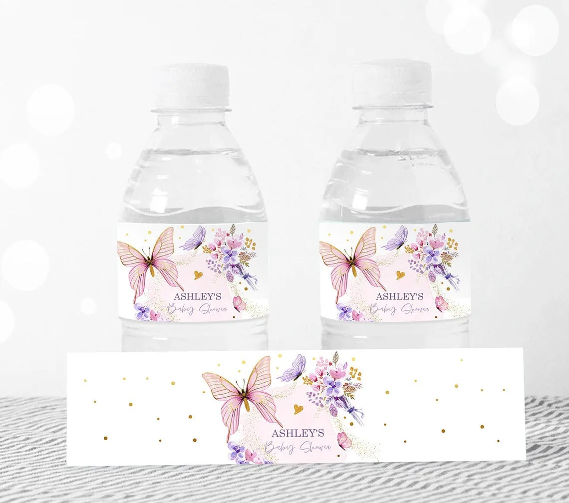 24 Pieces(Just Labels), Custom Girl Floral Butterfly Custom Water Bottle Labels, Water Bottle, Birthday, Baby Shower