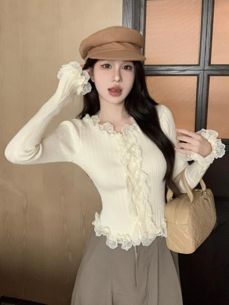 Sweet Knitted Cardigan Women Clothing Long Sleeve Tunic Sueter Mujer Patchwork Lace Ruffles Fashion Crop Sweater Tops Pull Femme