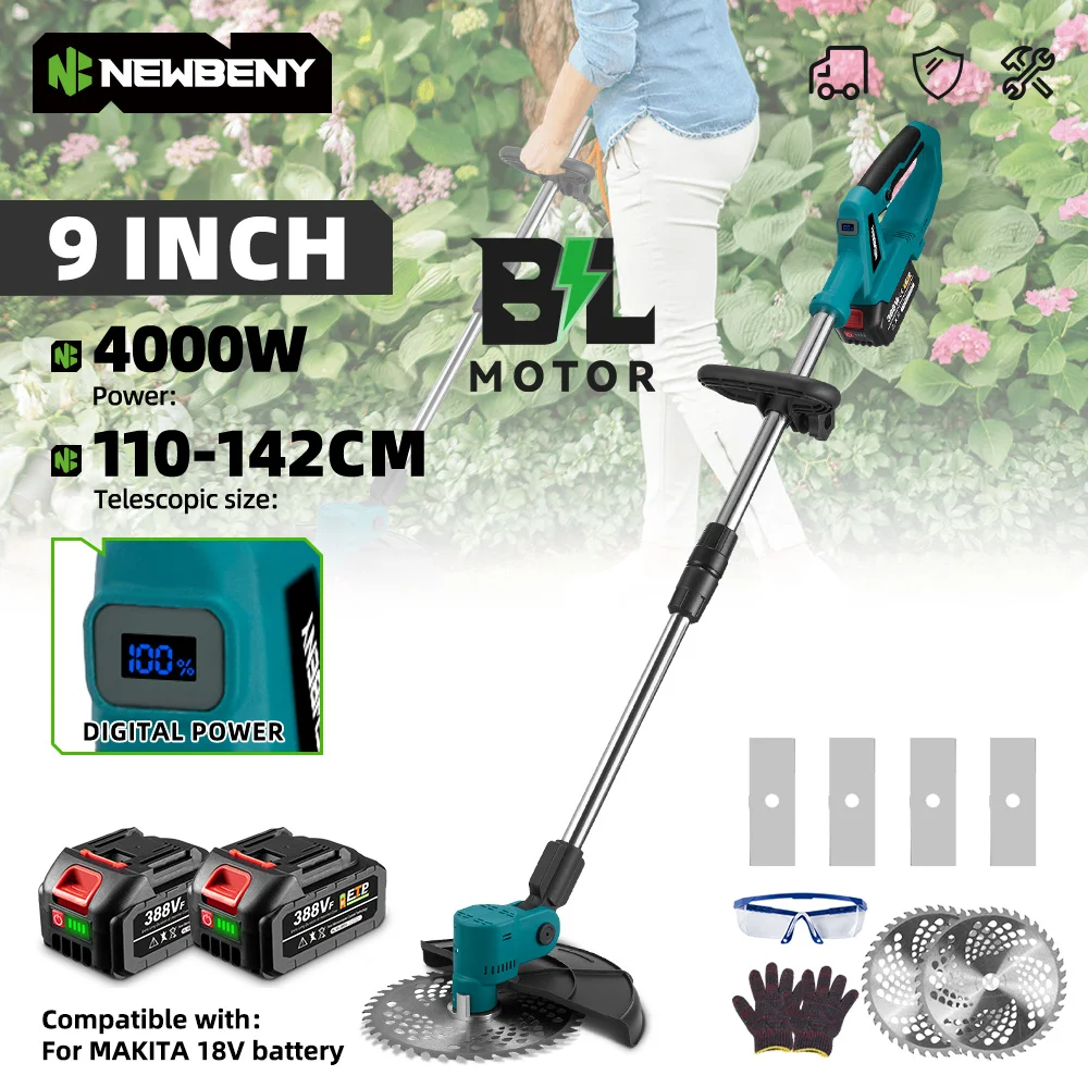 NEWBENY 9 Zoll bürstenloser elektrischer Rasenmäher mit Digitalanzeige, kabelloser Gartensträucher, Jäten, Werkzeuge für Makita 18 V Akku