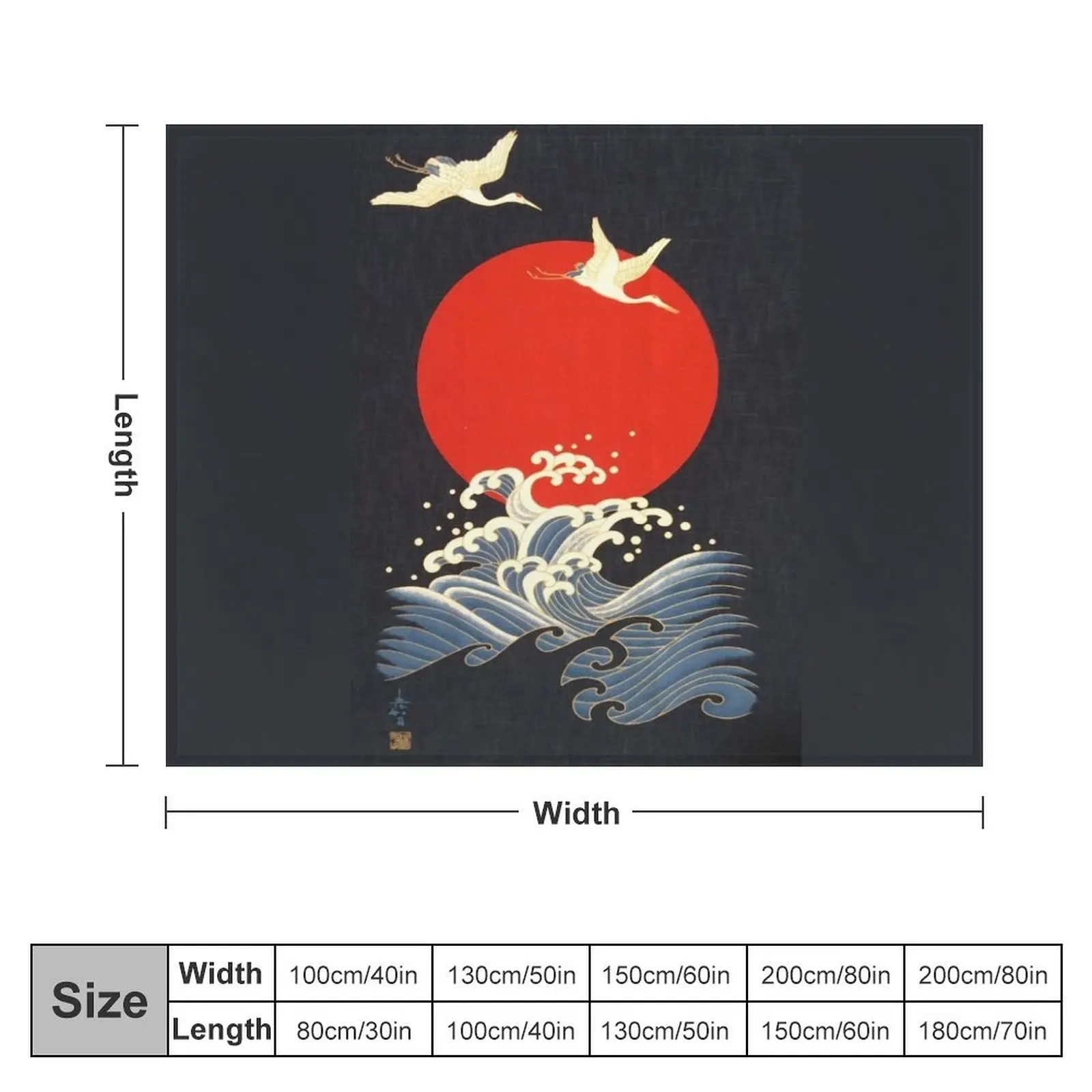 RED SUN ,FLYING CRANES AND SEA WAVES IN BLACK Throw Blanket decorative Thin manga anime Blankets