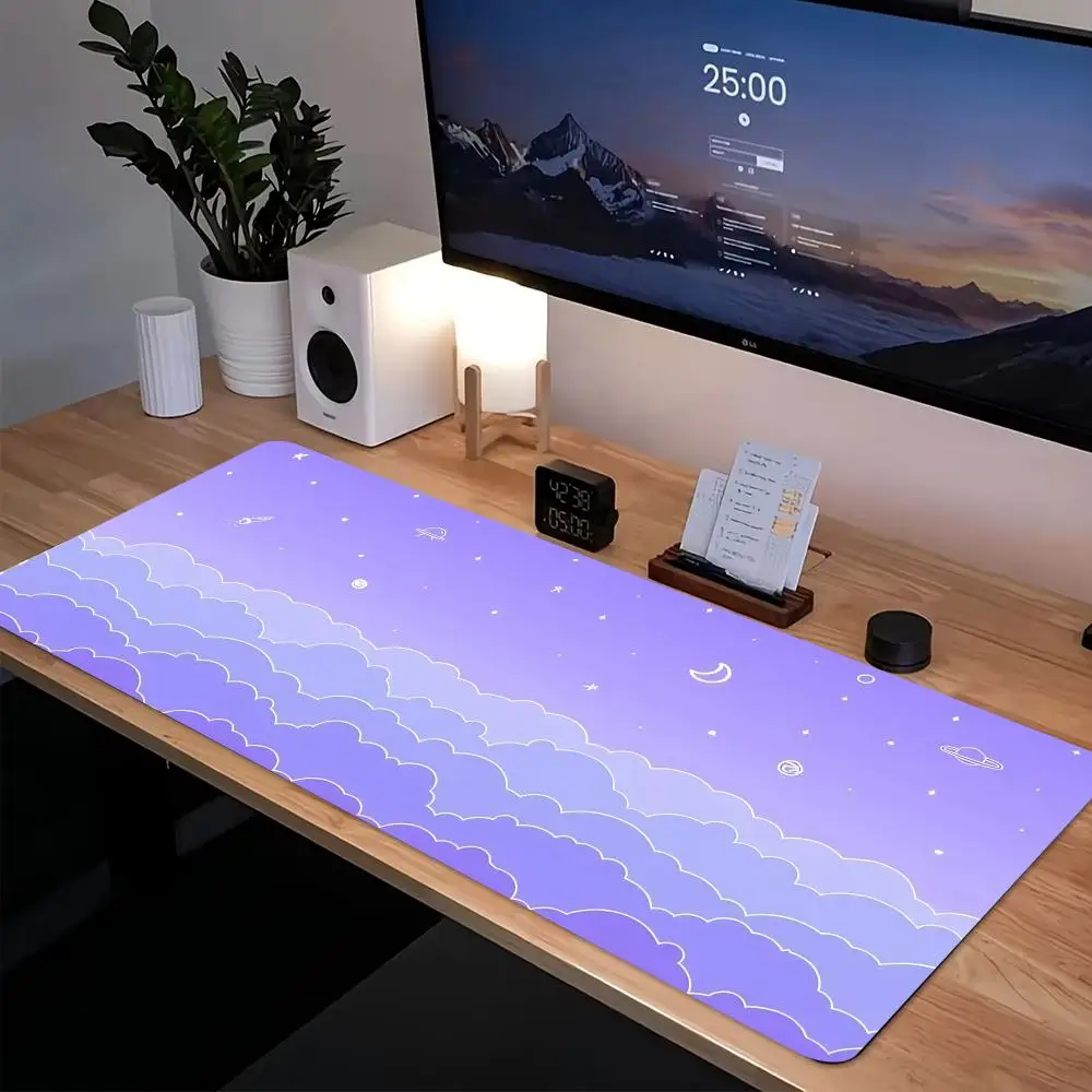 Dreamy Purple Blue Wave Starry Sky Mouse Pad, Extra Large  Edge-Locked Gaming Desk Mat