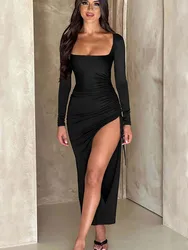 New Long Sleeve Ruched High Split Maxi Dress Women Square Collar Drawstring Bodycon Sexy Party Long Dress Elegant Autumn