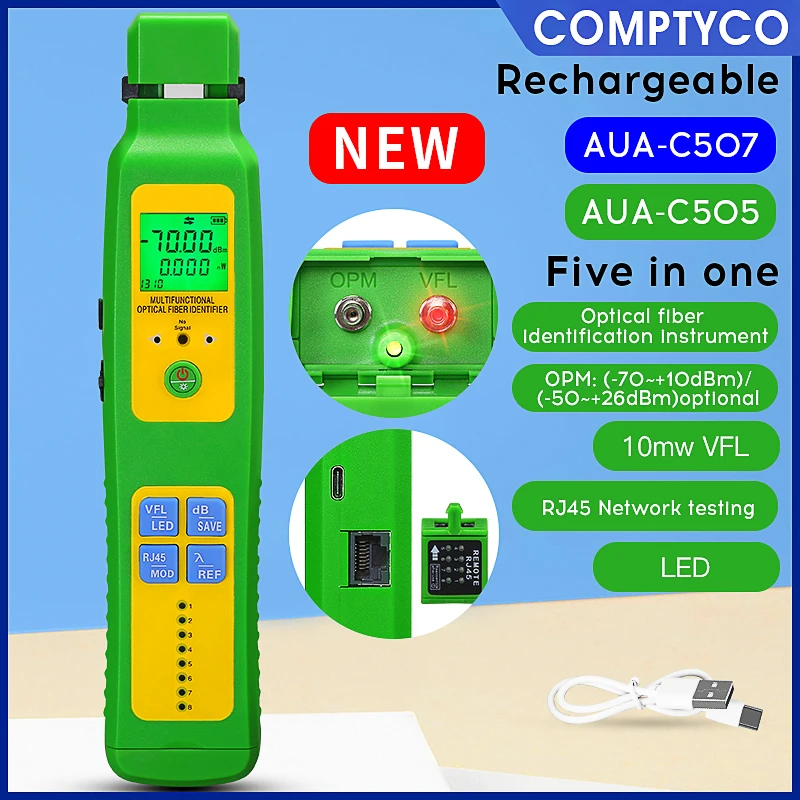 COMPTYCO AUA-C507 Five in one Optical Fiber Identifier +10MW VFL + LED light and RJ45 Network testing Optical Power Meter