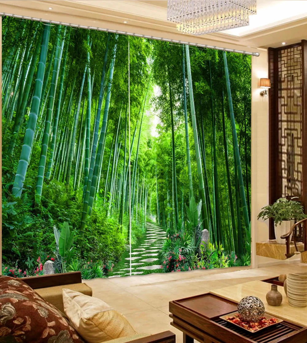 Natural Beautiful 3D Curtain Green Curtain Bamboo Forest Flower Curtains Blackout Shade Window Curtains