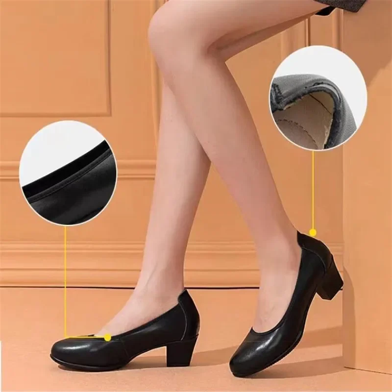 Fashion Women Pumps Classic Black High Heel Shoes Female Genuine Leather Comfort Flight Attendant Hotel Work Office Pumps