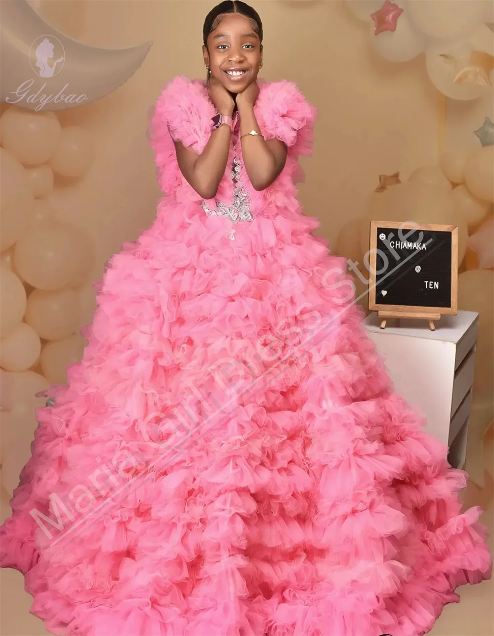 

Luxurious Fluffy Pink Girl’s Dress With White Appliqué Decorations Princess Wedding Party Evening Event Attire Customizable