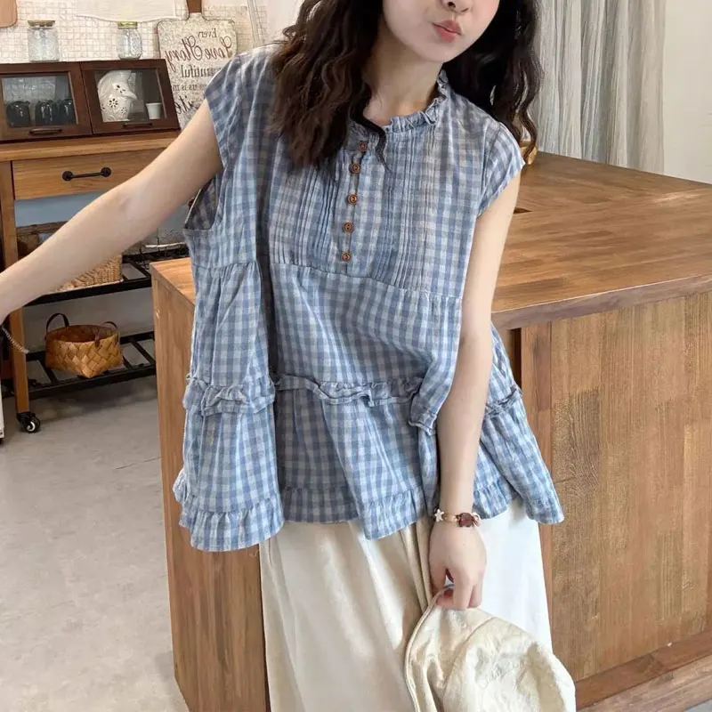 Fashionable Plaid Temperament Blouse Women's Clothing Loose Casual Versatile Summer Korean Round Neck Chic Folds Spliced Shirts