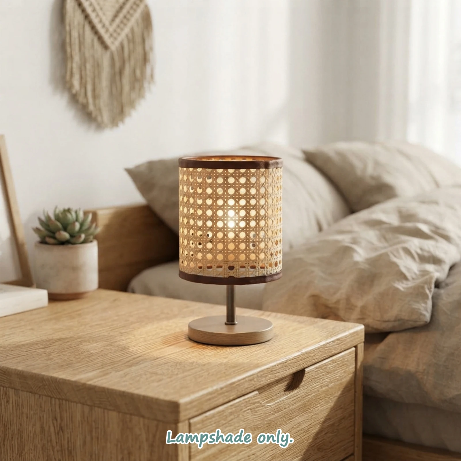 Rattan Lamp Shade, Openwork Perforated, Cylinder Drum, Pendant Table Wall Cover, Boho Nordic