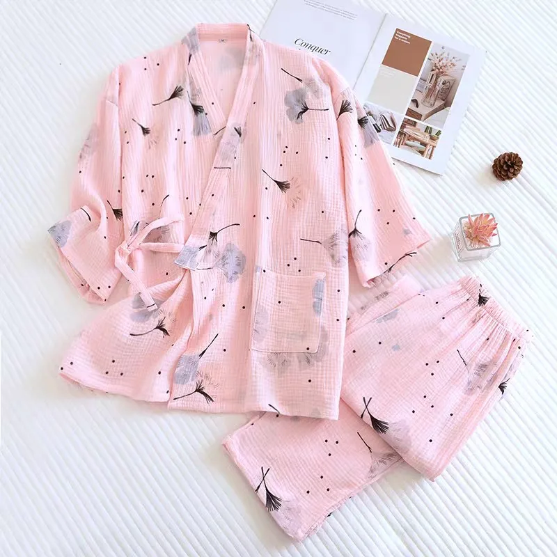 Japanese kimono ladies cotton pajamas two-piece three-quarter sleeve trousers loose home service set woman