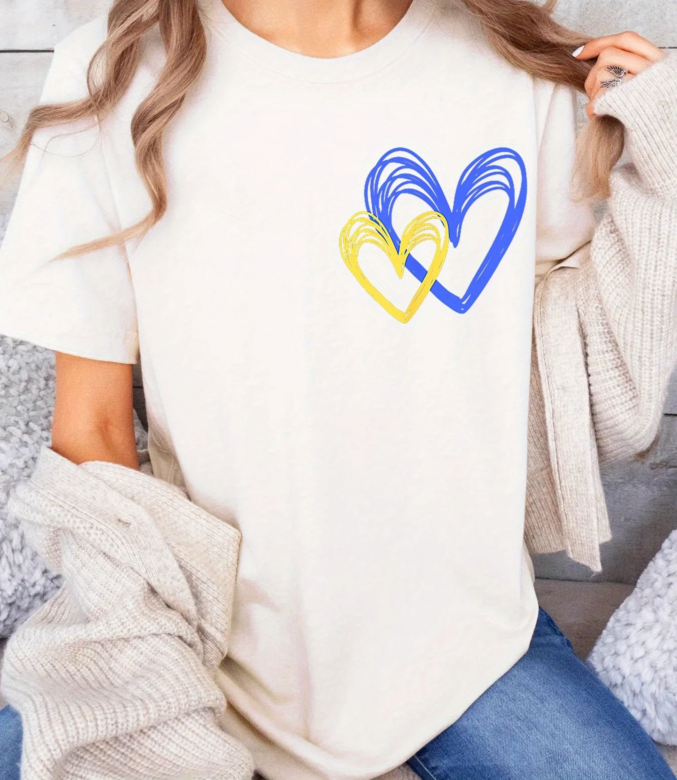 Women's Ukrainian Love Heart Print TShirt with Yellow Blue Hearts Short Sleeve Crew Neck Casual Top Summer Comfortable Fit Shirt