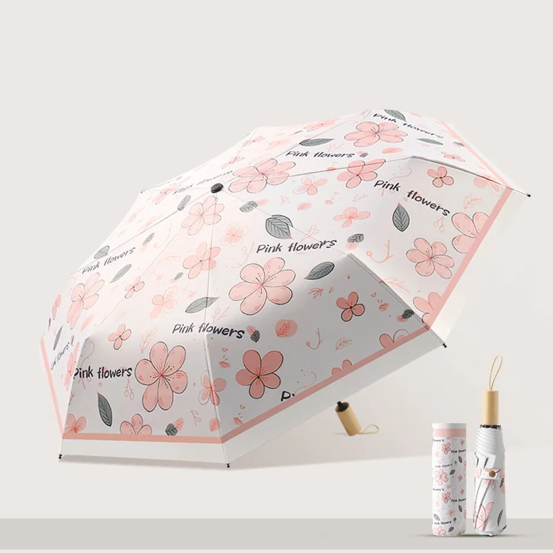 Korean Style Tri-Fold Umbrella for Women, UV Sun and Rain, Windproof Color Coating, Chinese Style, 16 Bones