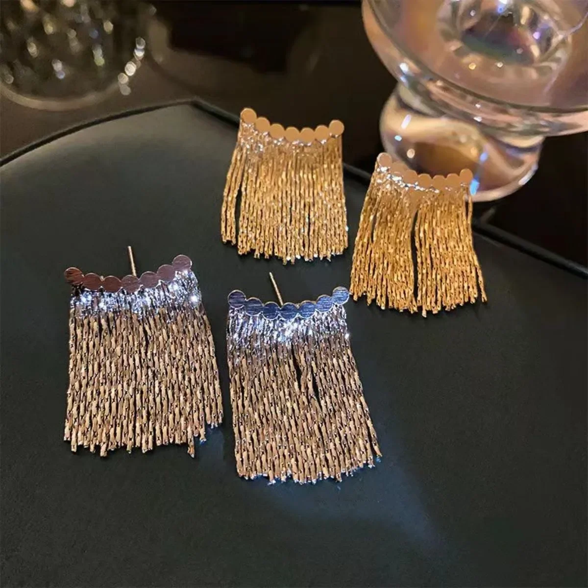 Elegant Silver Needle Earrings Arc Tassel Chain Minimalist Design for Wedding Party Formal Occasions