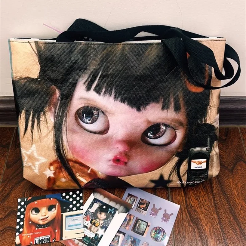 

Сумка-тоут с принтом Y2K Cartoon Big Eye Girl, большая вместительная сумка на плечо с двусторонним узором, модная легкая сумка для покупок