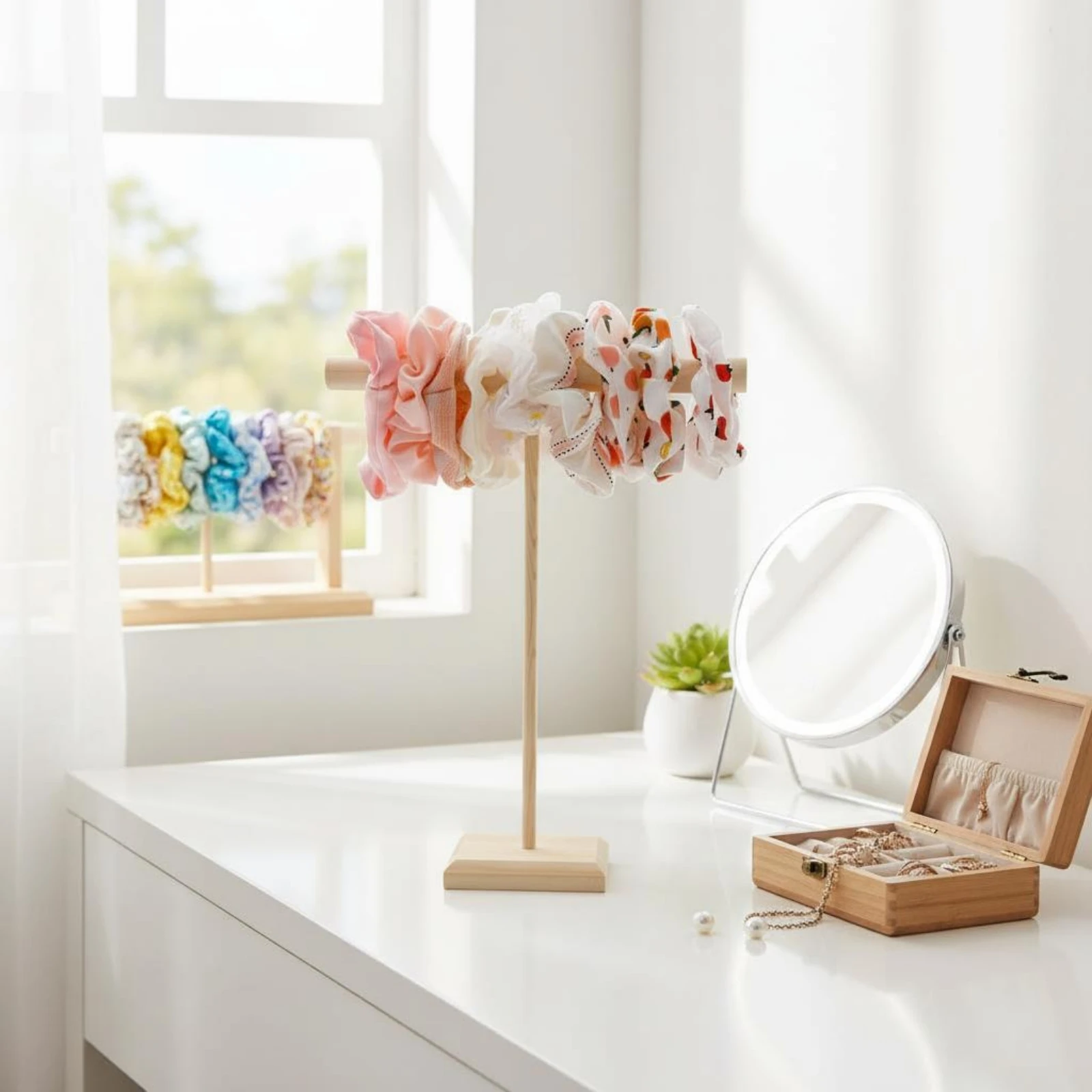 

Hair Tie Storage Rack Sturdy Wooden Jewelry Display Stand Wooden Bracelet Display Stand No-Assembly Assembly Beveled Rim Design