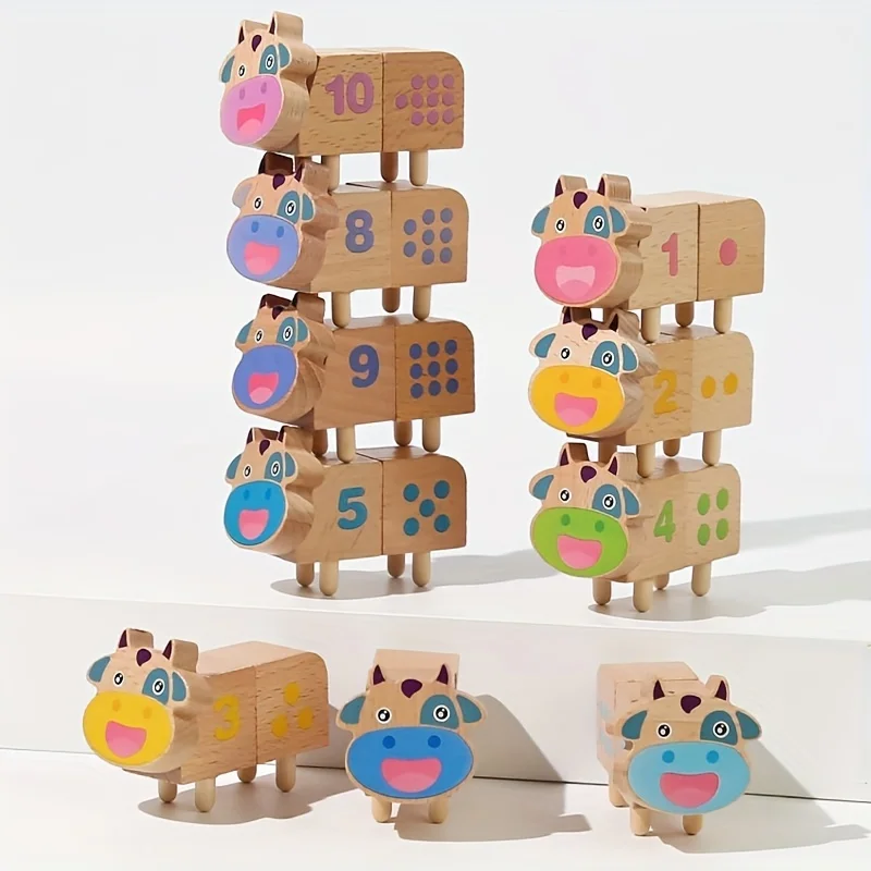 Wooden Cow Number Matching Toy Animal Stacking Toys for Toddlers Montessori Color Sensory Fine Motor Skill Math Educational Toys