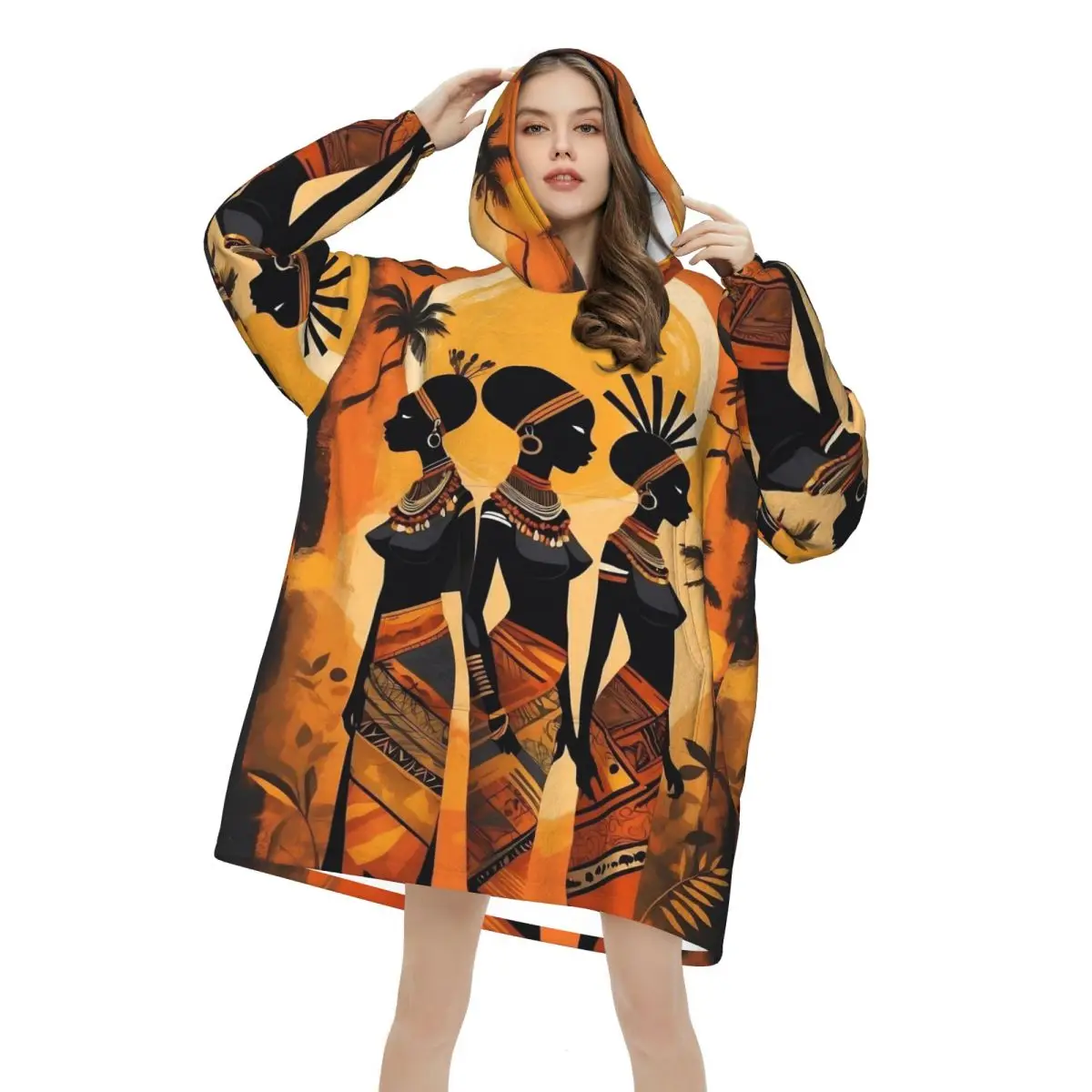 ART African Ethnic-Style Oversized Blanket Hoodie Sweatshirt Long Fleece Hooded Wearable Blanket with Large Pocket for Women Men