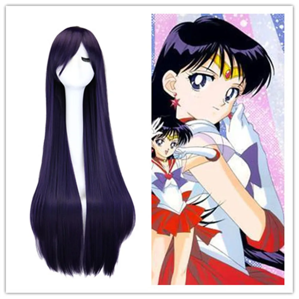 Synthetic Hair Full Head Cover Daily Cute Anime Halloween 100cm Sailor Mars Rei Hino Long Straight Wig