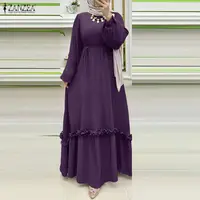 ZANZEA modeste Hijabs Abaya Robes longues femmes musulmanes Ramadan col rond plissé lanterne manches couleur unie volants a-ligne Robes 3XL 1
