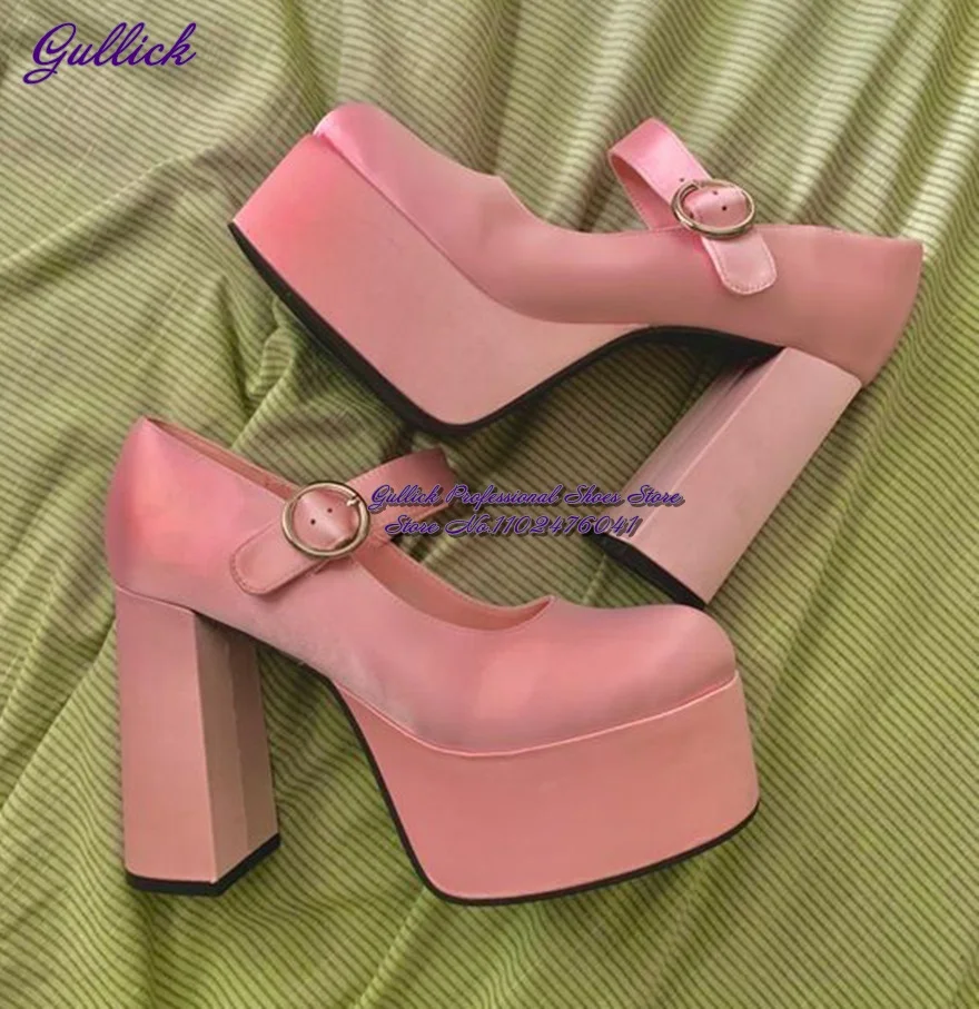 

Gullick Pink Satin Cloth Big Chunky Heel Wedding Shoes Elegant High Platform Dress Pumps Strange Block Heels Silk Fabric Shoes