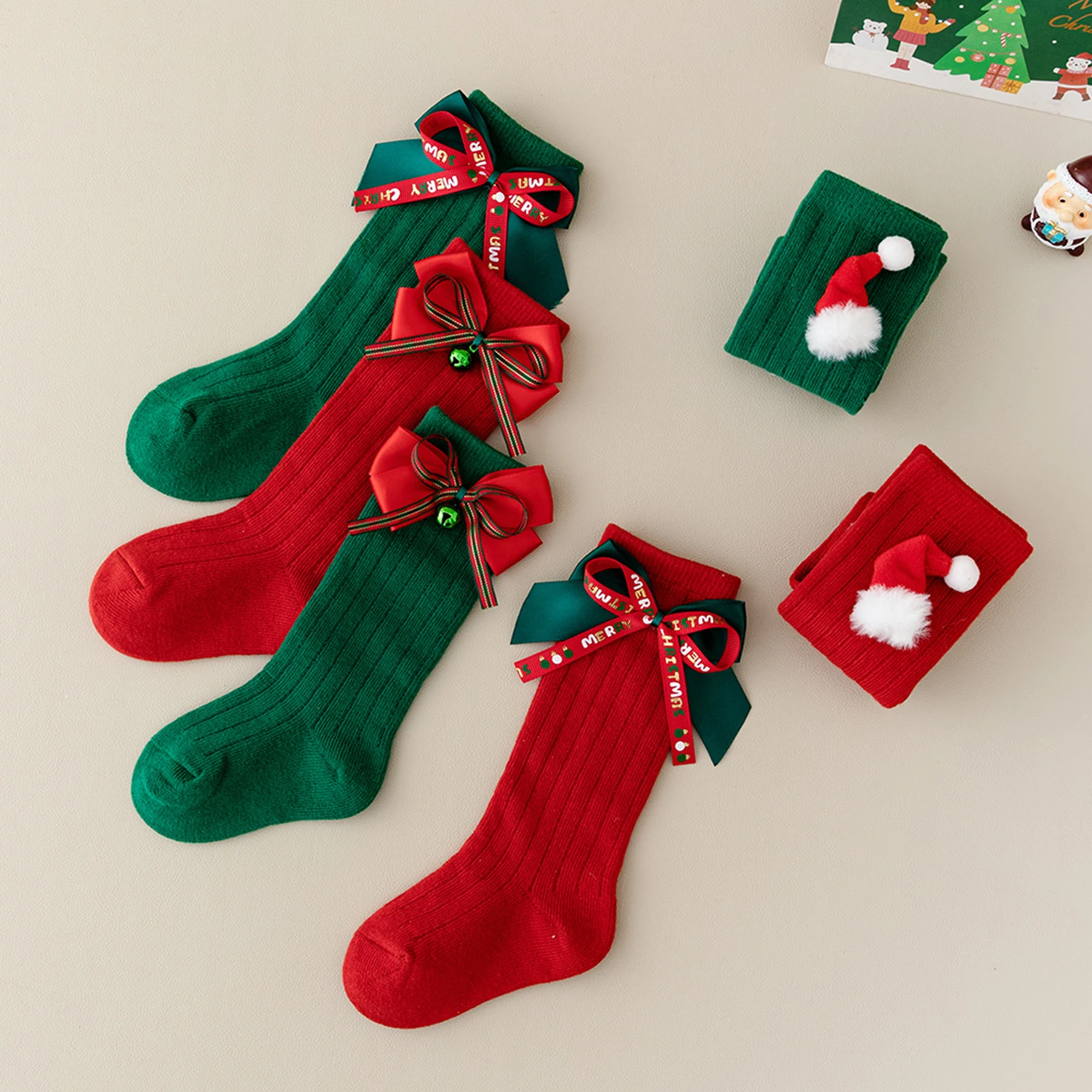 

0-4Years Infant Baby Girl Mid Calf Socks with Print Bows Toddler Knee High Socks Soft Cotton Christmas Toddler Knee Socks