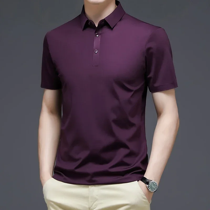 Slim Elastic Shredded silk Shirt Men Polo Shirts Short Sleeves Tops Men T Shirts Business Casual Male Tees Polos Para Hombre